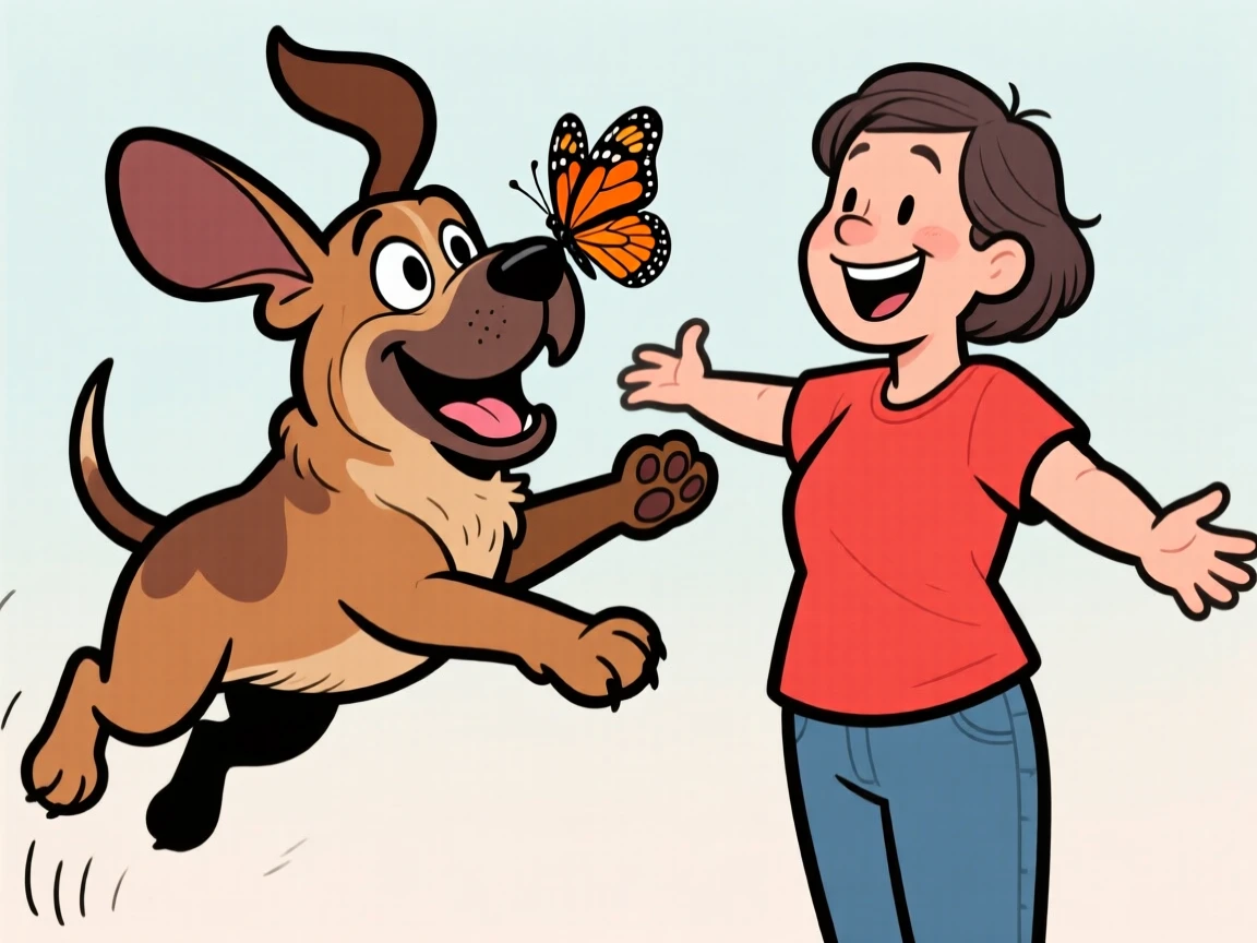 A playful pet moment featuring a gentle old bloodhound greeting its owner with an overjoyed leap, as a butterfly lands on its nose.