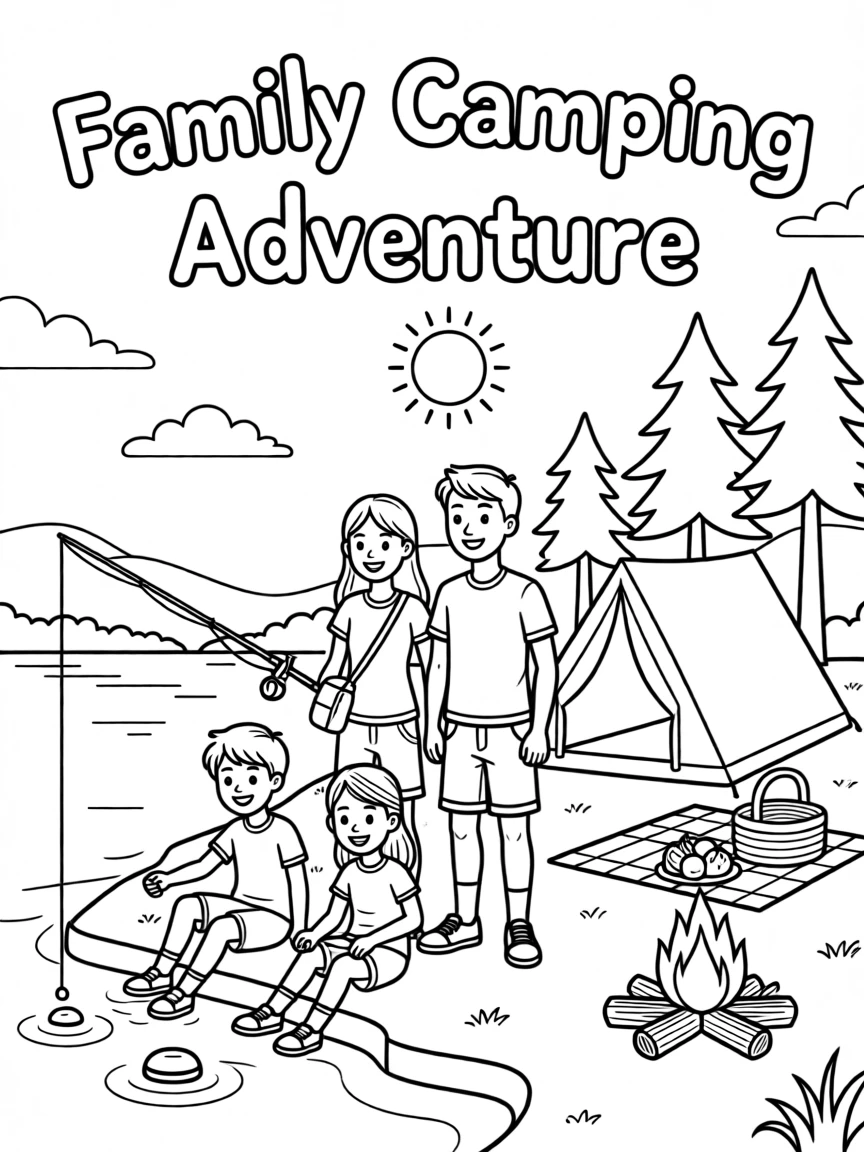 A family camping trip with a tent set up by a lake
