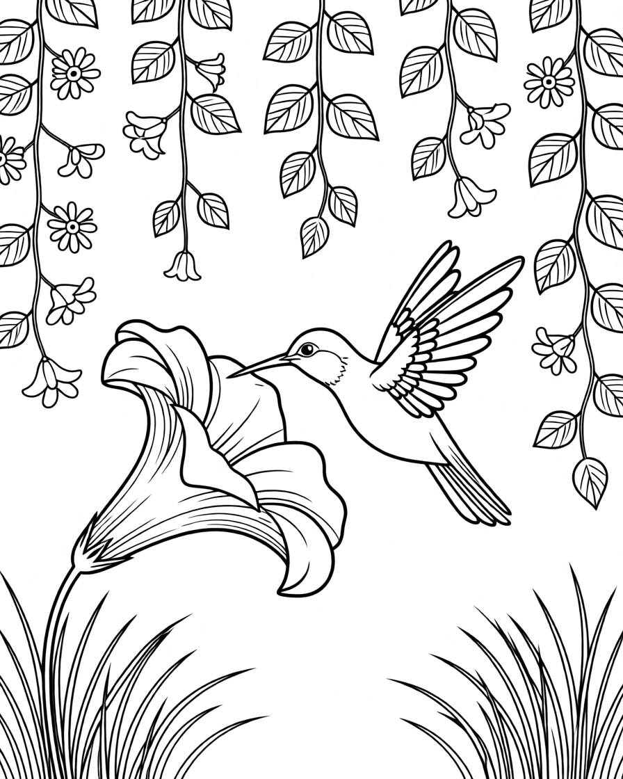 A hummingbird hovering beside a trumpet-shaped flower, framed by hanging vines and wildflowers.