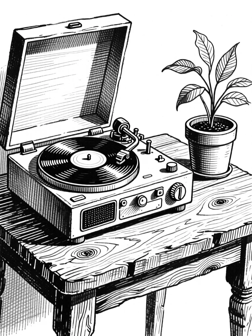 A vintage record player arranged on a rustic wooden table, with a small potted plant nearby, forming a richly textured still-life study.