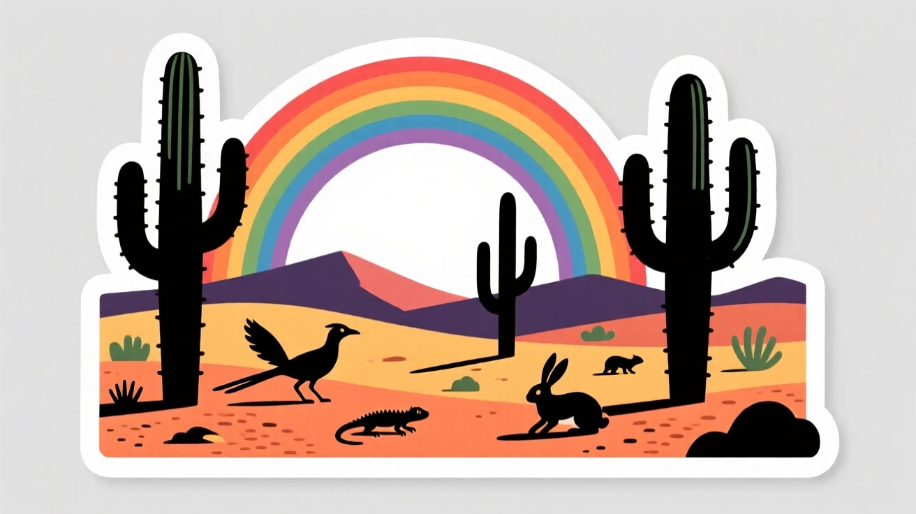 A richly colored desert landscape with tall cacti, framed by a gentle rainbow, where wildlife roams freely.