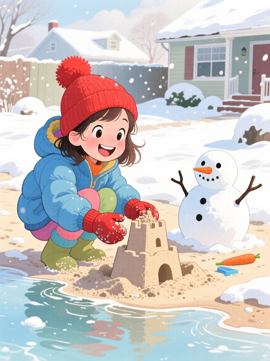 A young girl with a gap-toothed smile building a sandcastle at the water's edge, in a snow-covered front yard with a half-built snowman, brimming with carefree happiness.