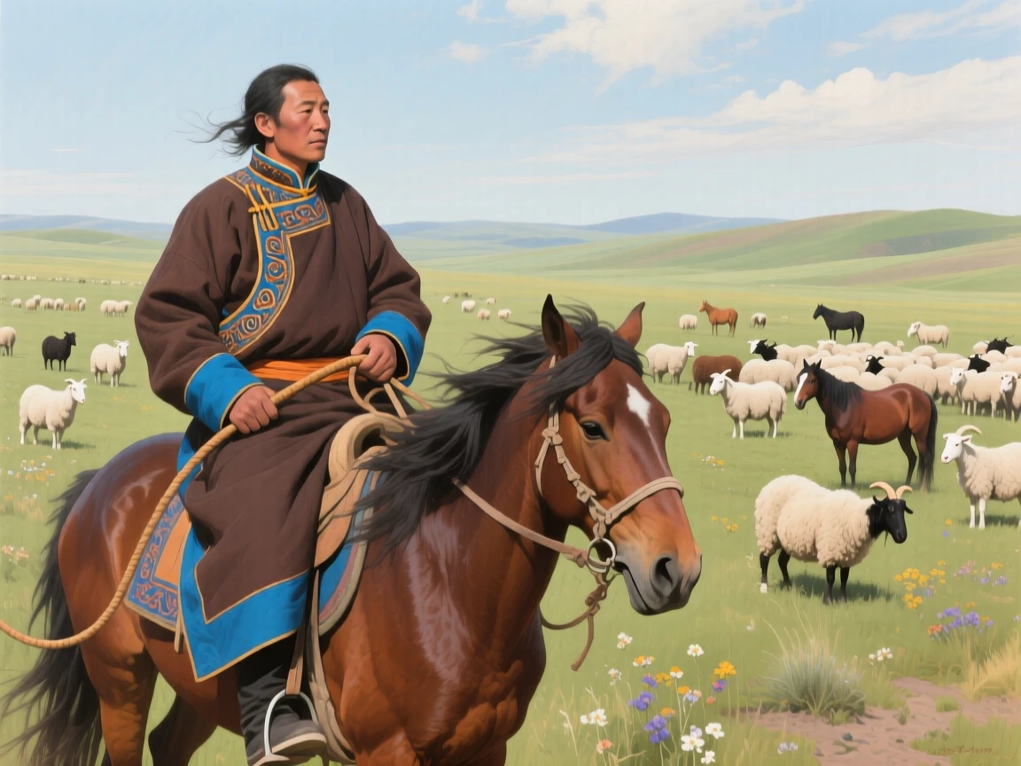 A proud Mongolian herder on horseback surveys his grazing livestock across the vast steppe, traditional deel coat rippling in the wind, a quiet warmth radiating from the interaction, grounded in small authentic details.