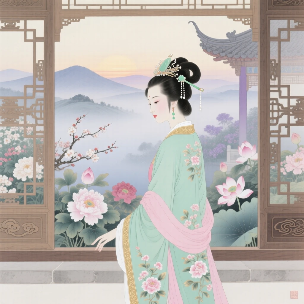 A princess looking out from a palace window over a blooming garden, as morning mist clings to the surrounding hills
