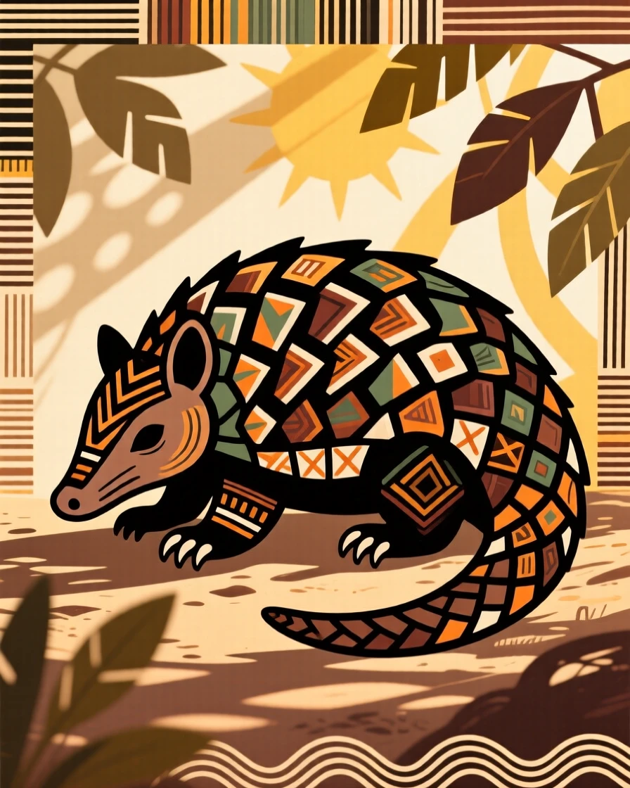 A pangolin resting in dappled shade at noon.