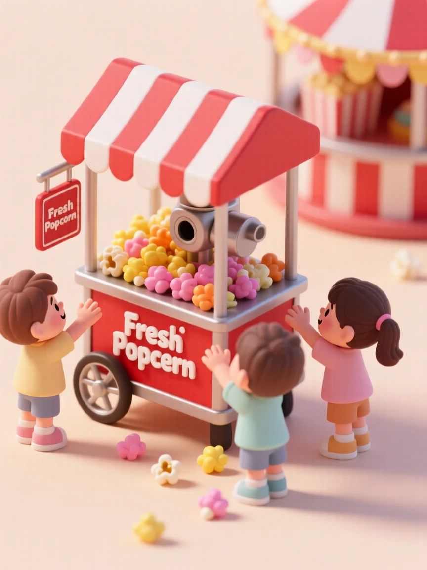 A charming popcorn cart at a fairground, colorful kernels overflowing from the machine, and children reaching up eagerly for a bag.