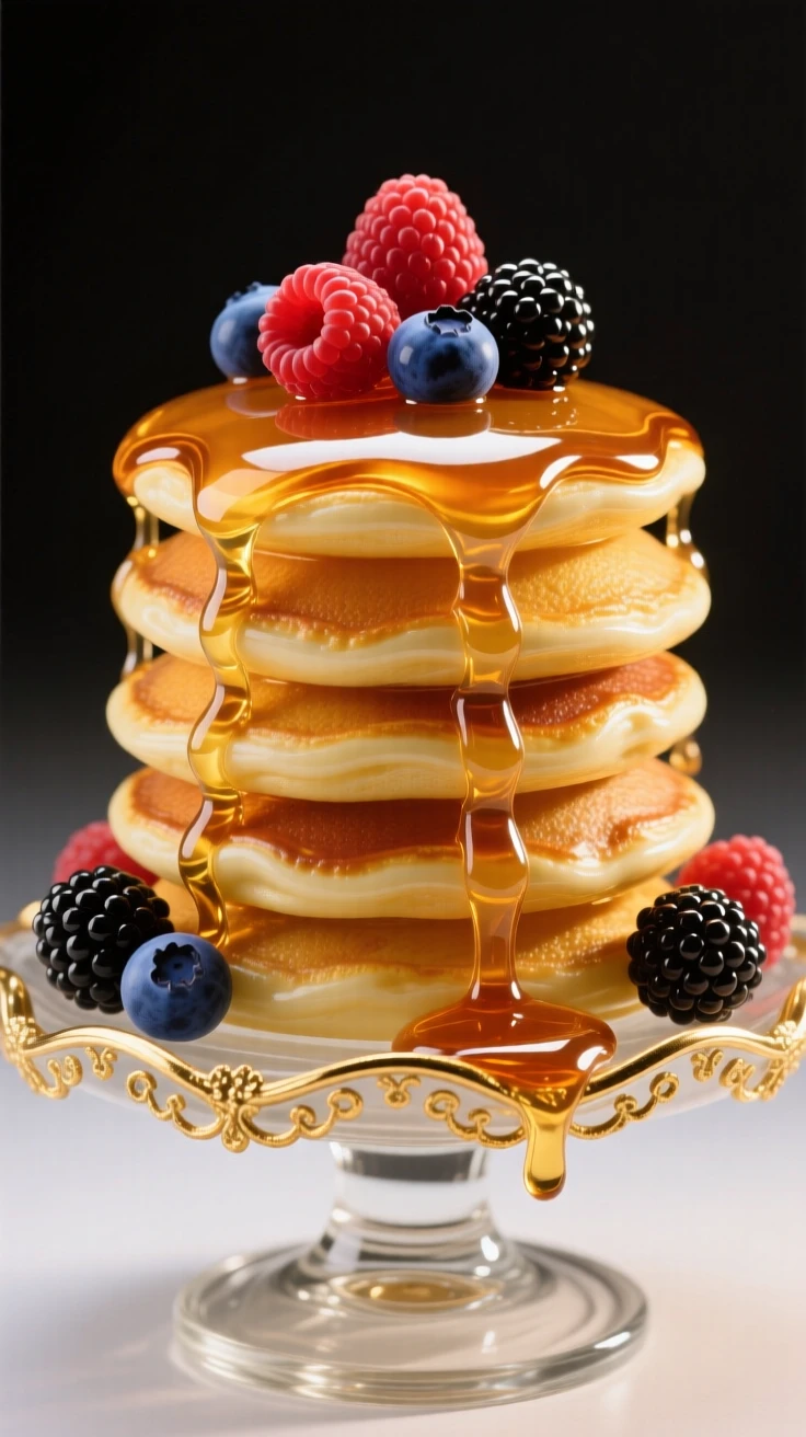 A stack of golden pancakes drizzled with syrup and fresh berries, warm and inviting.