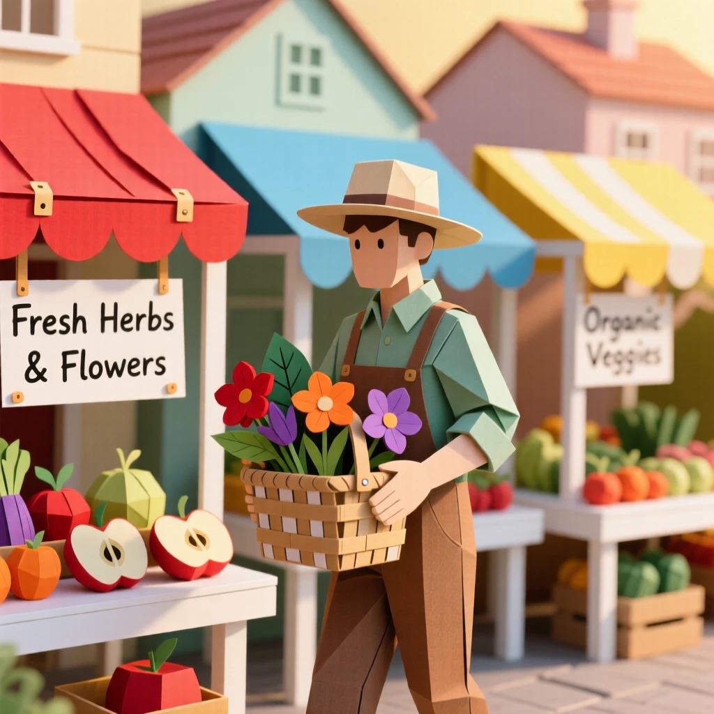 A dedicated gardener exploring a colorful open-air market, with warm golden light wrapping around them, conveying nostalgia and gentle happiness.