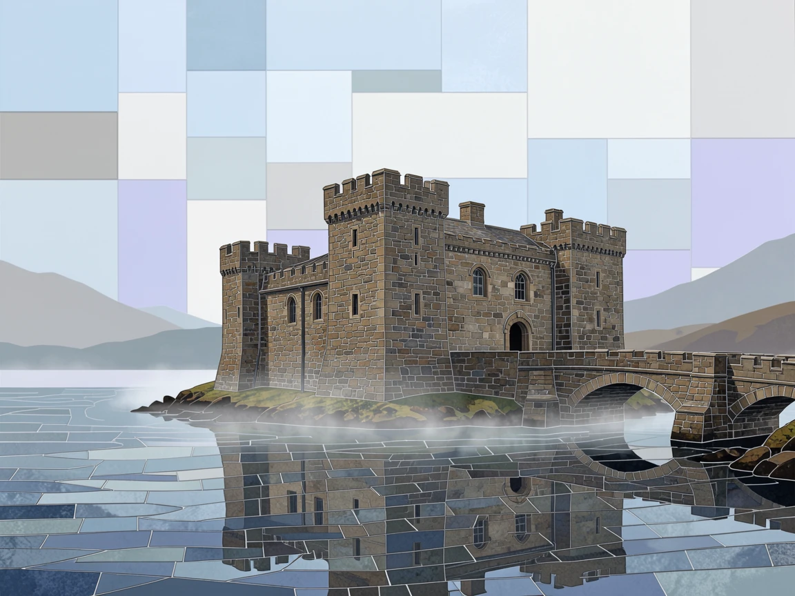 An ancient stone castle perched on a misty Scottish loch.