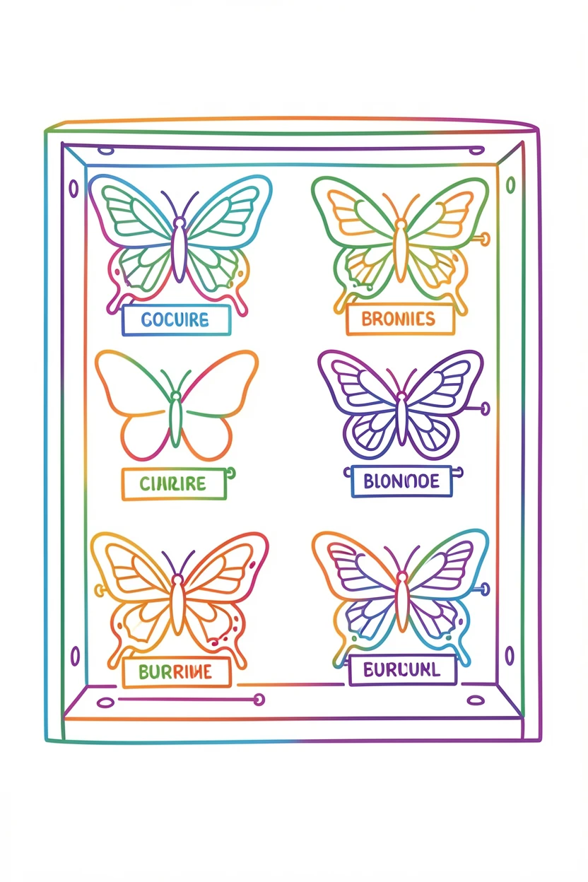 A display case of butterfly specimens pinned and labeled.
