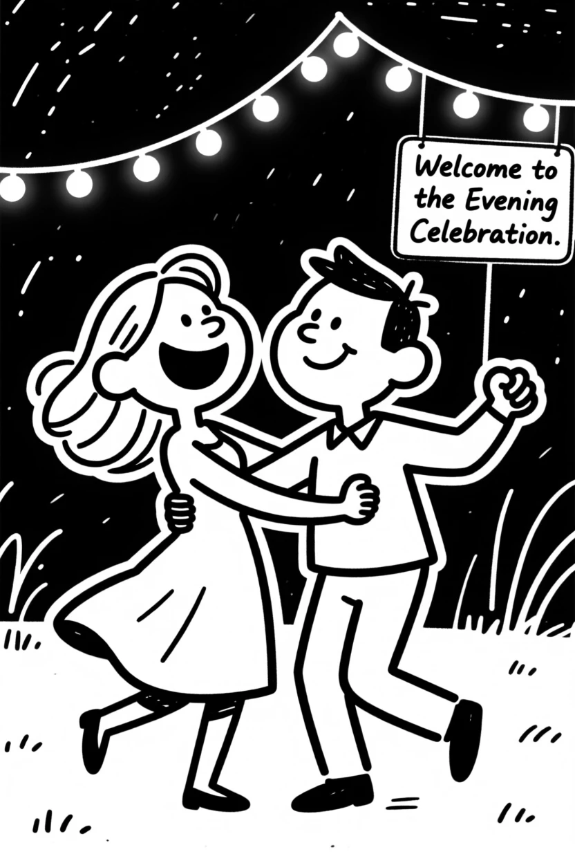 A couple slow dancing under string lights at an outdoor evening celebration.