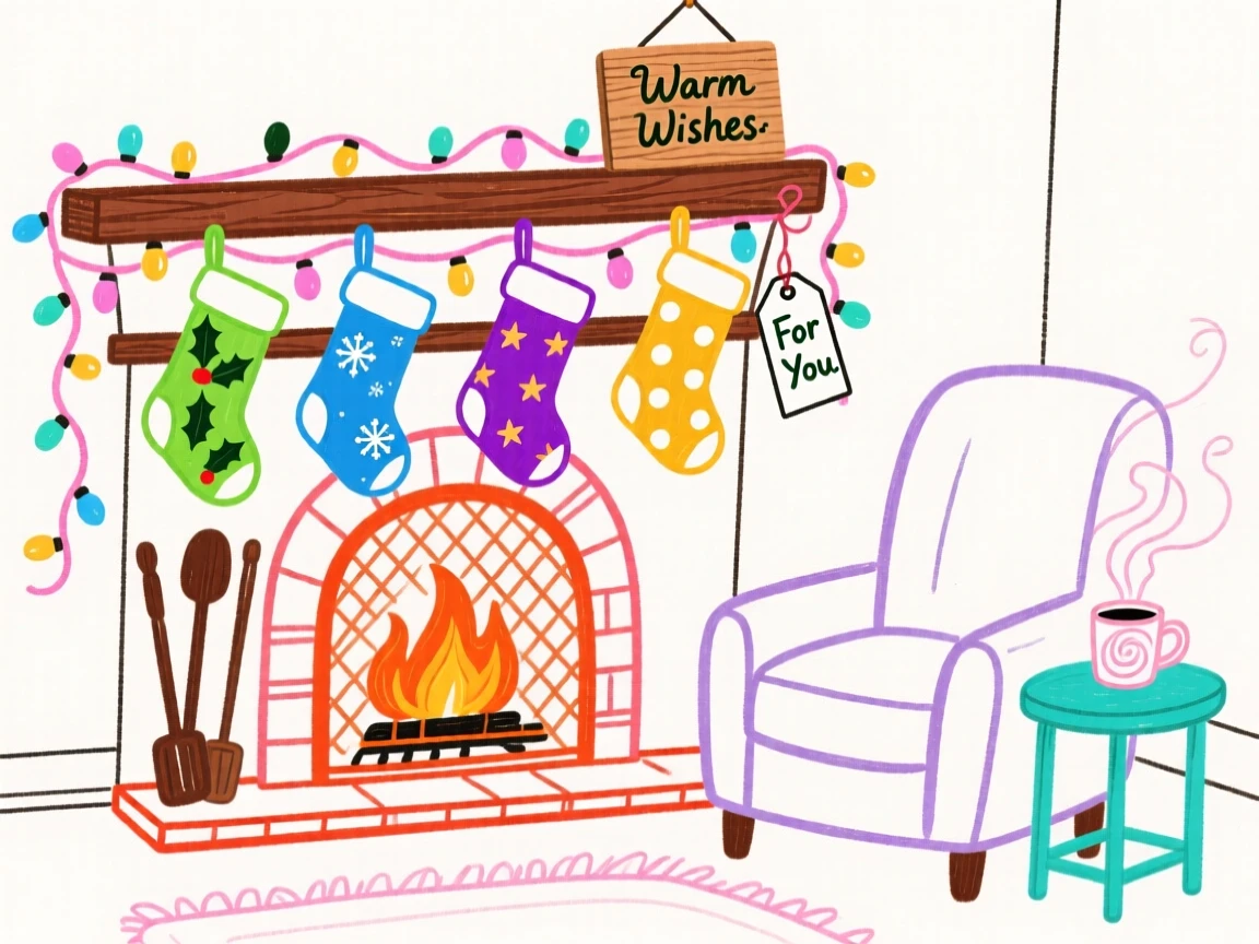 A cozy scene of stockings hung by a decorated fireplace.