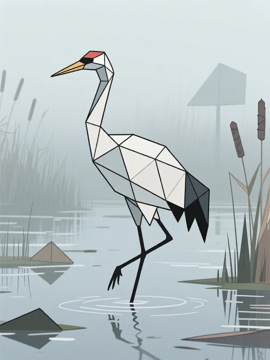 A crane standing gracefully in a misty wetland