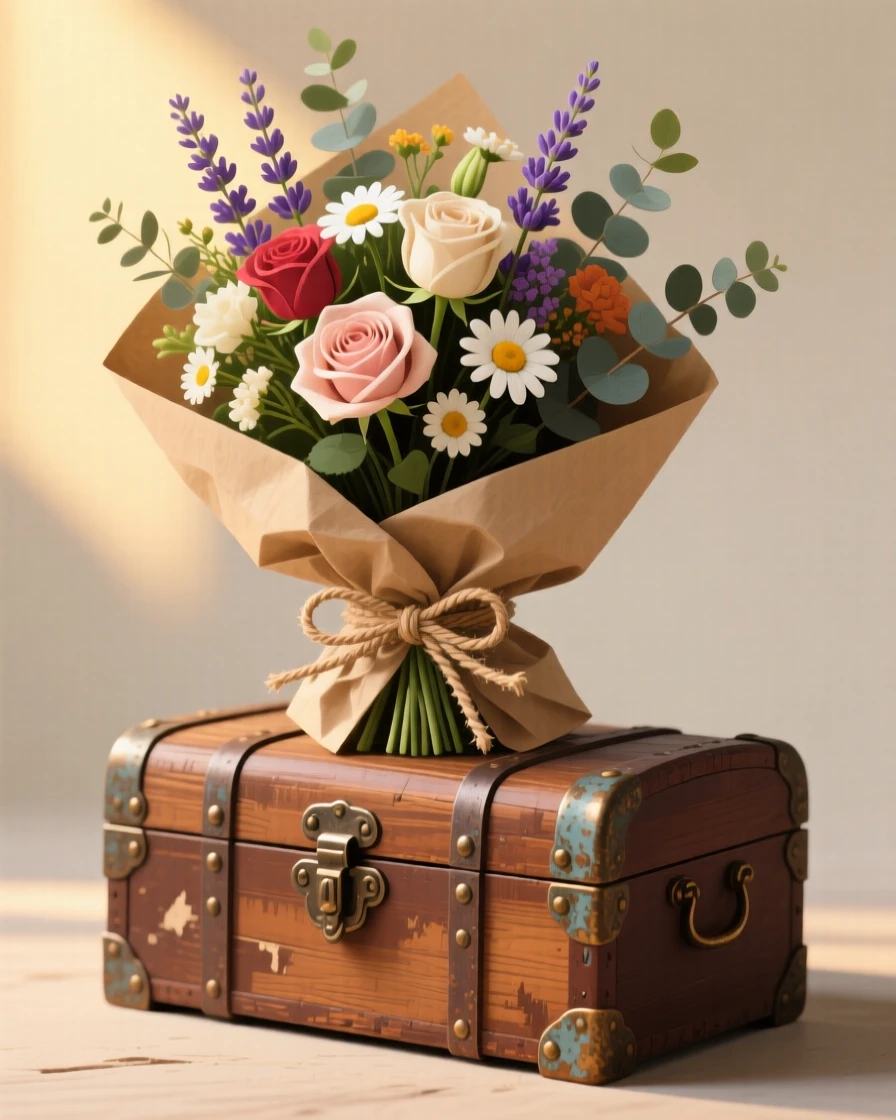 A stack of fresh flowers wrapped in kraft paper, arranged atop an antique wooden trunk, composed with a warm, nostalgic sense of stillness, with soft golden light highlighting fine craftsmanship.