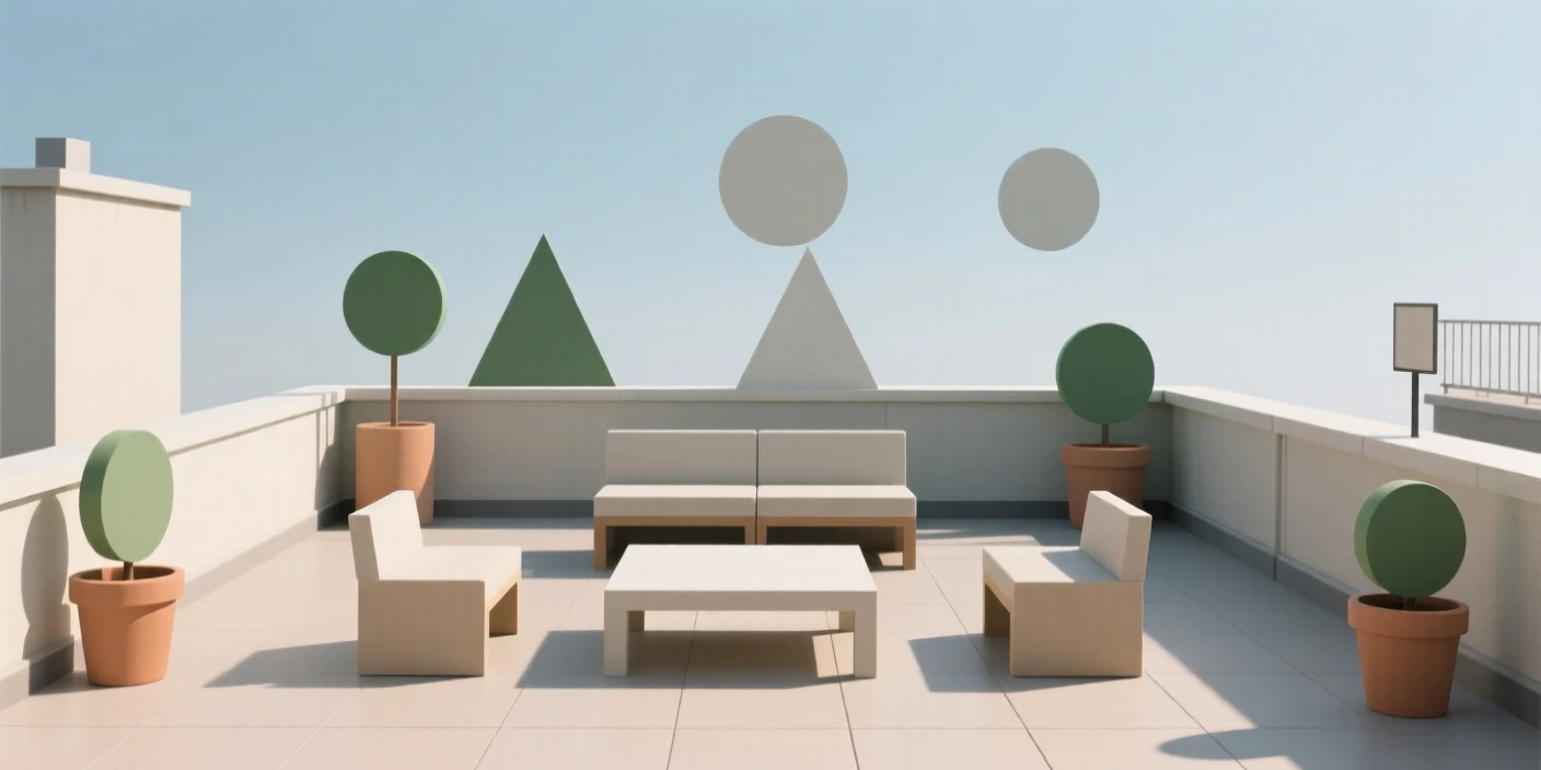 A rooftop terrace with potted plants and seating