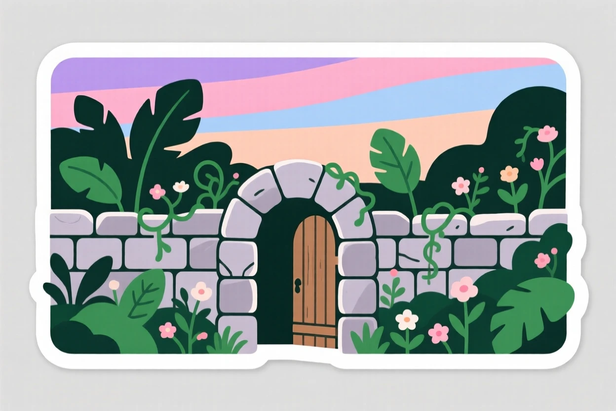 A majestic secret garden hidden behind a stone wall, under a sky painted in pastel colors, untouched and wonderfully quiet.