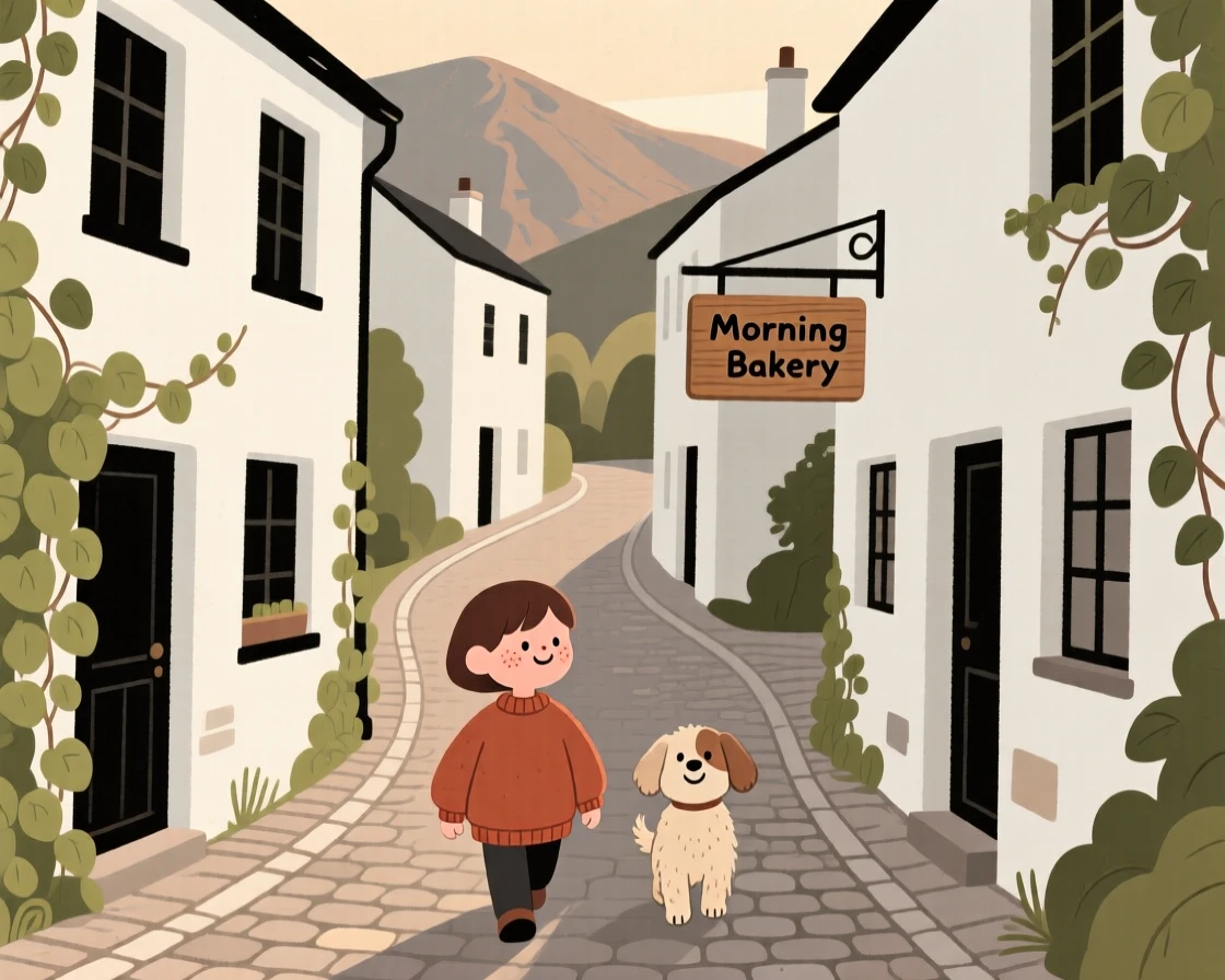 A narrow winding street winds through a small mountain hamlet lined with whitewashed buildings and climbing ivy, quiet in the early morning light.