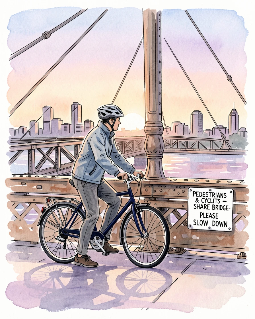A commuter cyclist pausing to watch the sunrise over a city bridge, the everyday moment made memorable by its quiet sincerity.