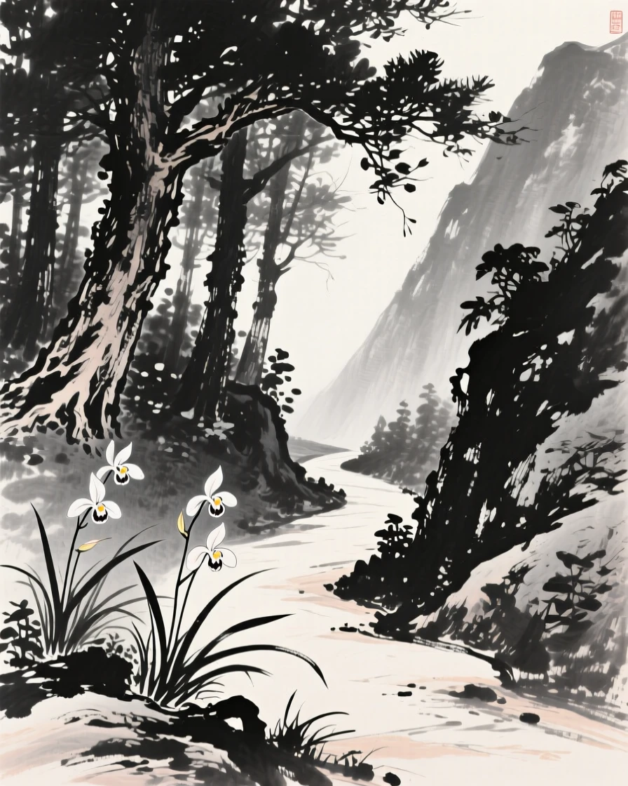 Orchids grow wild along a shaded mountain path, as filtered light reaches the forest floor.