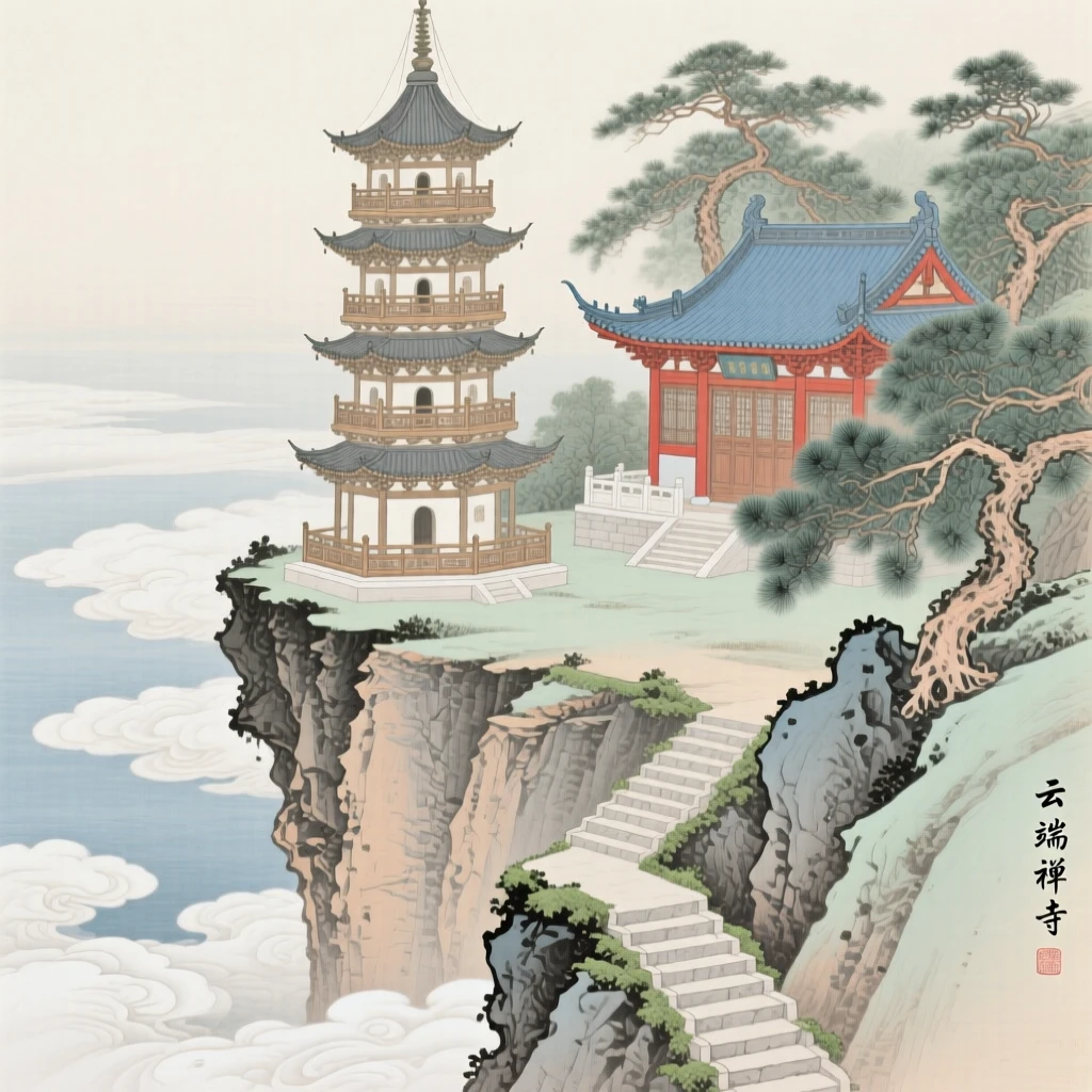 A pagoda perched on a cliffside above the clouds, with a narrow path winding up toward a hidden temple