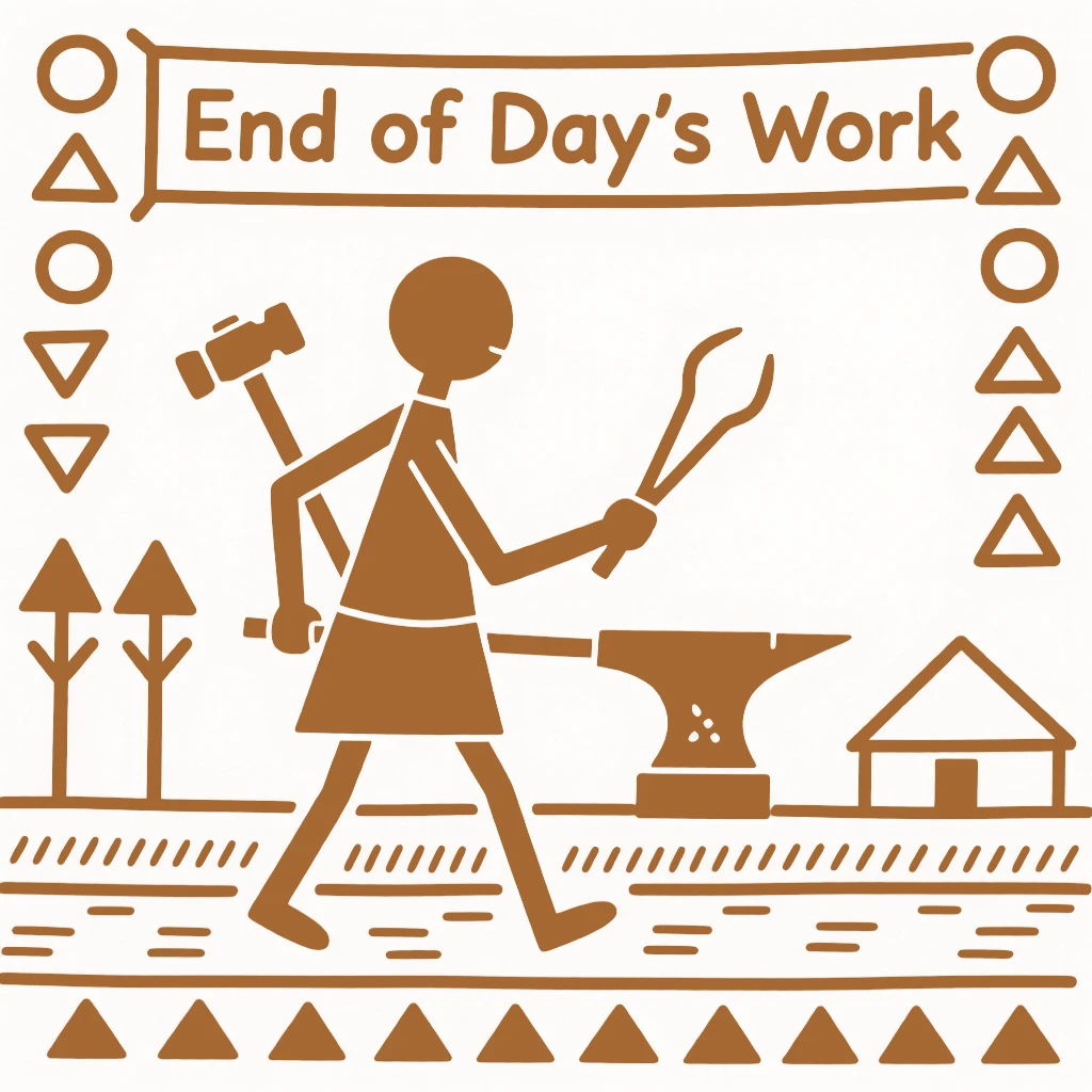 A blacksmith carrying tools home after a long day.