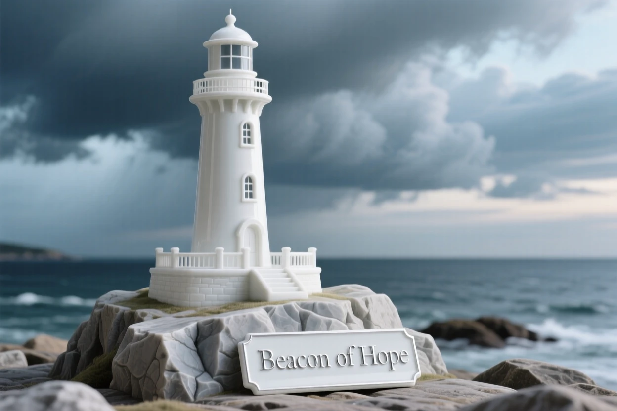 A grand view of a lighthouse on a rocky coast, framed by dramatic storm clouds clearing.