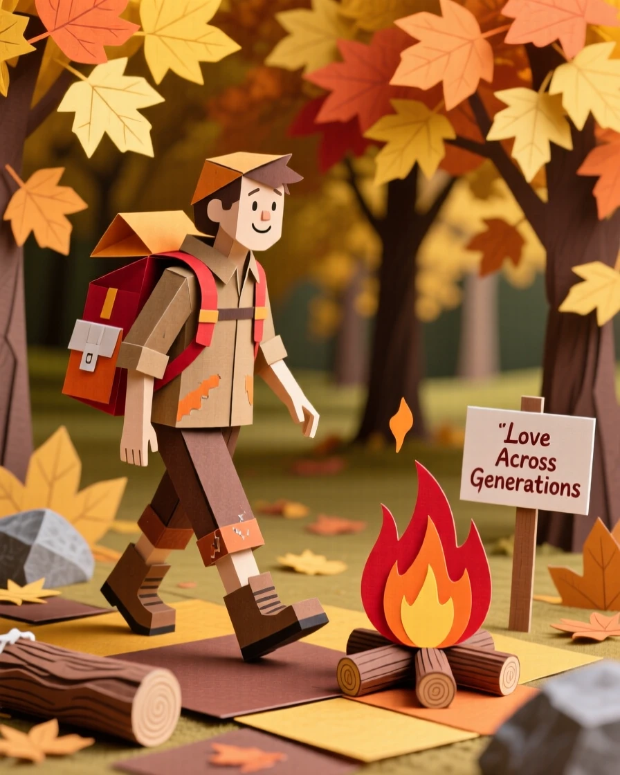 A weary but happy hiker walking through a golden autumn park, with the glow of a nearby fire flickering, evoking love across generations.
