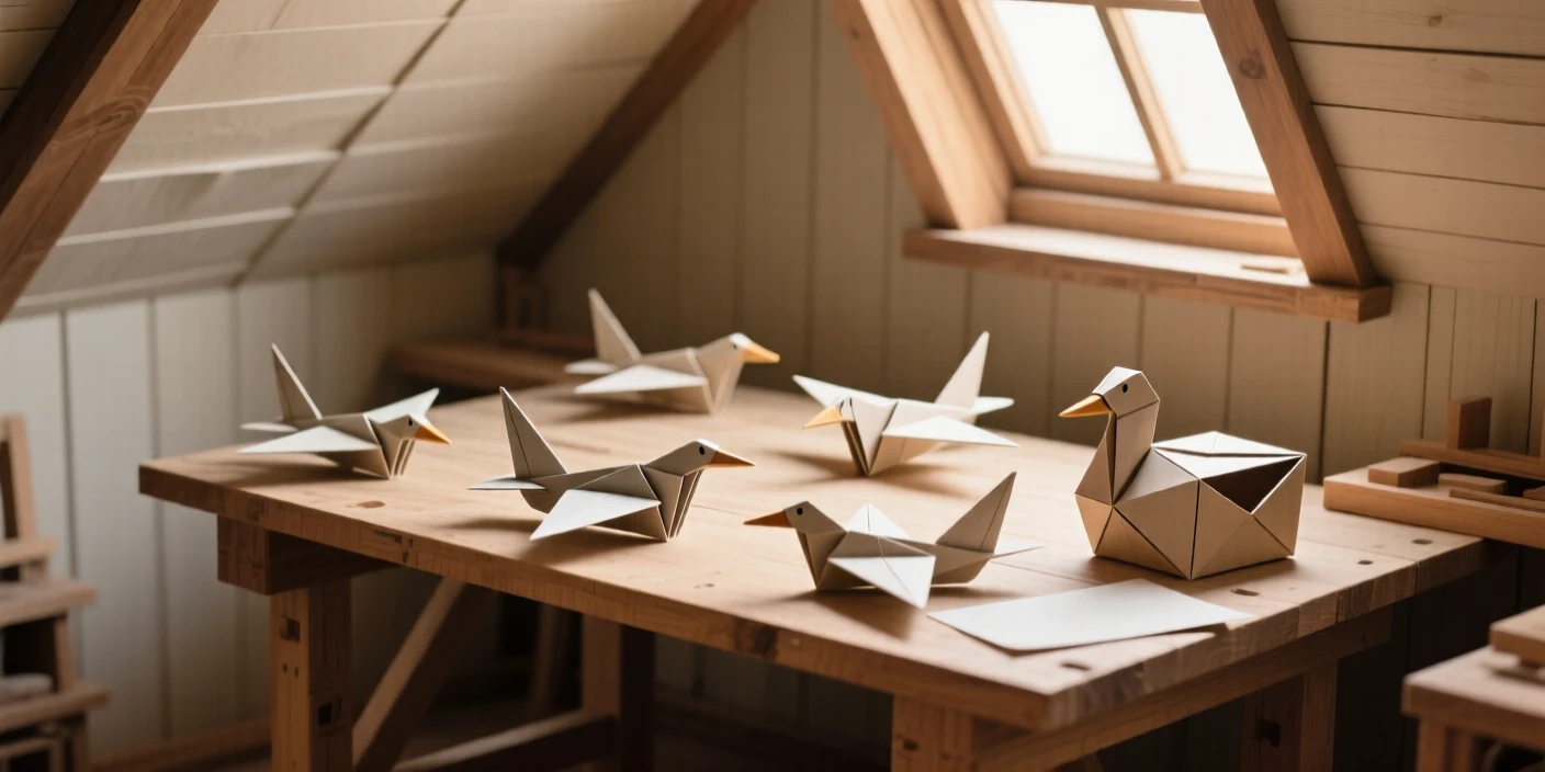 A quiet attic workshop filled with model airplanes and a half-finished woodworking project.
