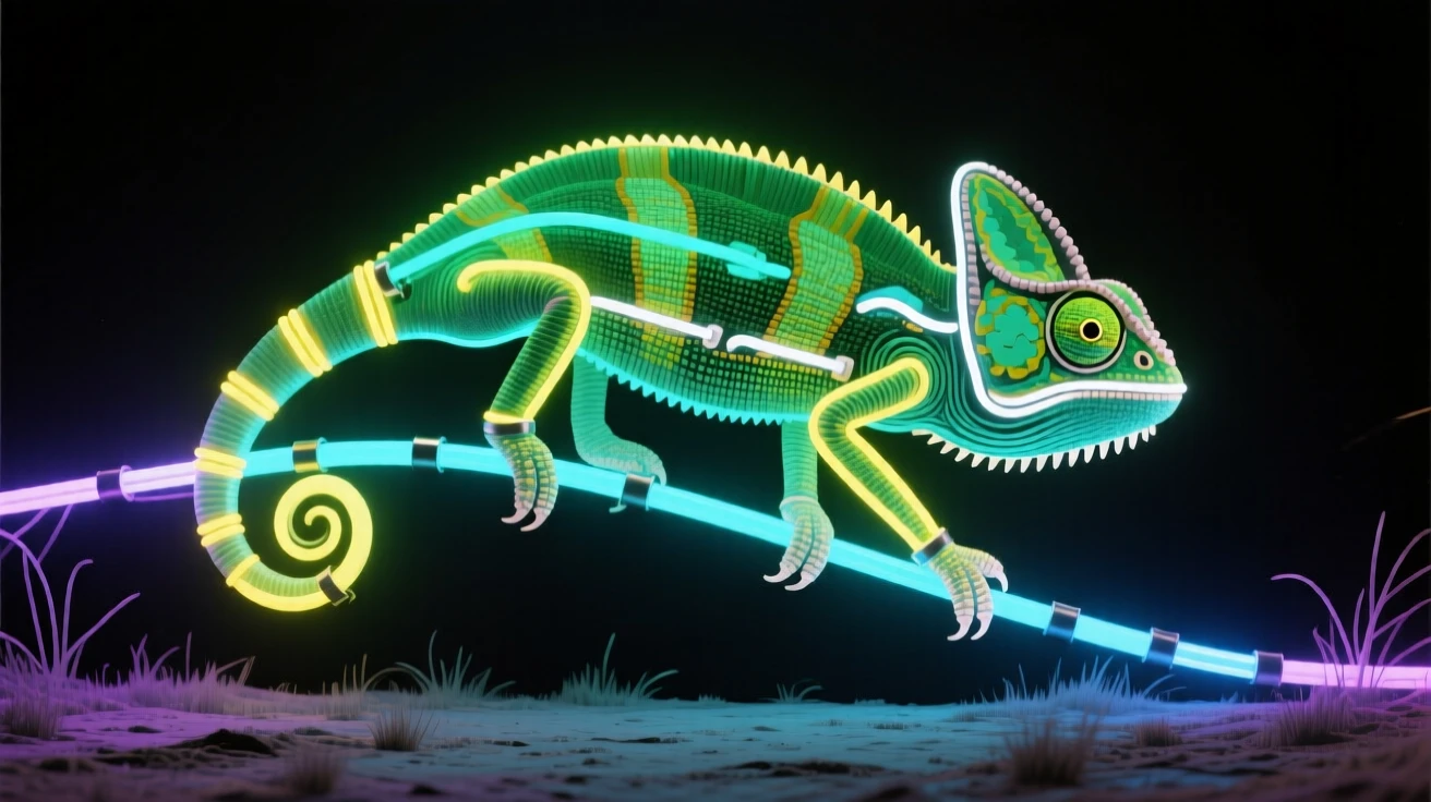 A chameleon captured mid-stride crossing an open clearing.