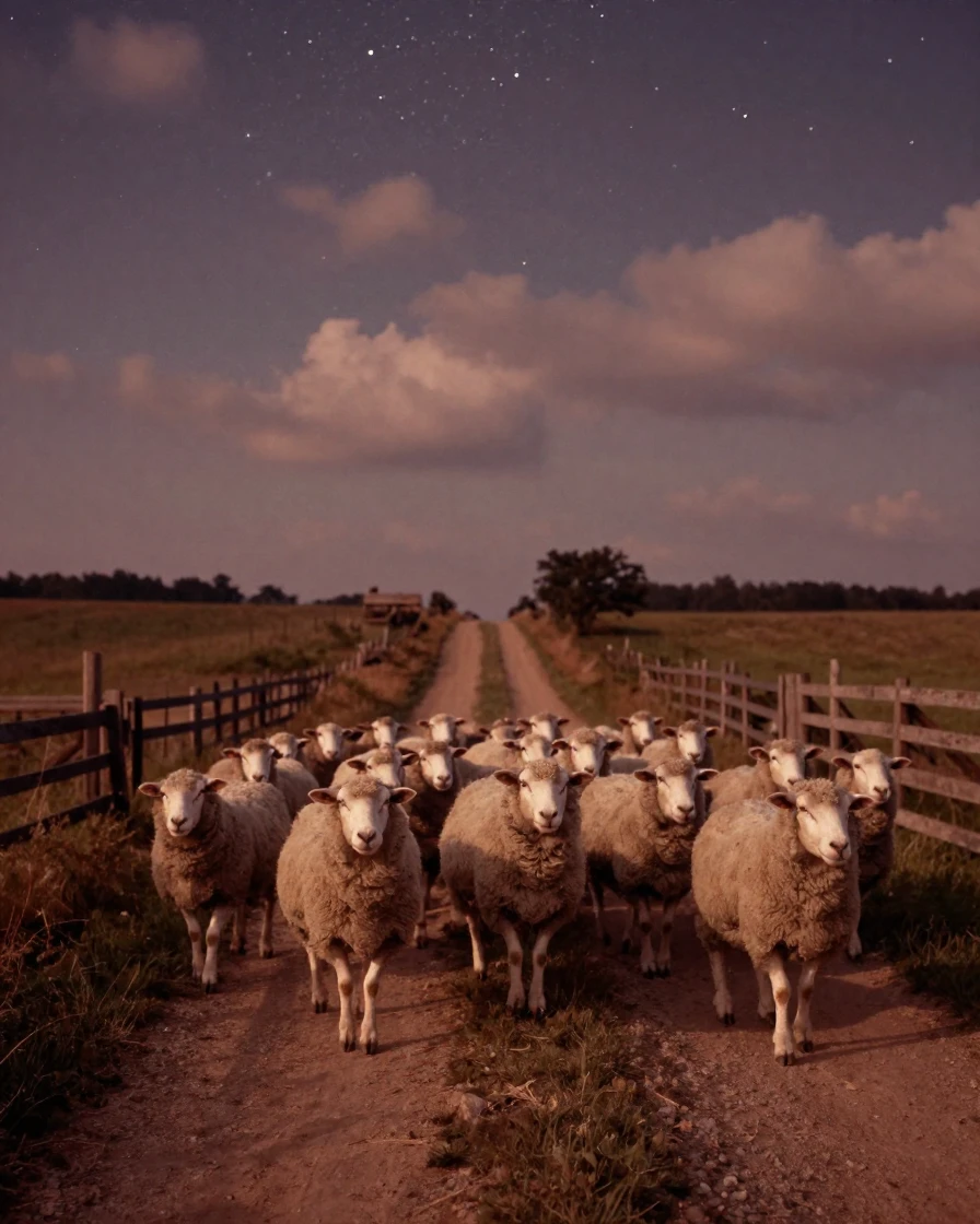 A flock of sheep being herded down a narrow country lane, under a canopy of stars, under scattered clouds, during the long days of summer, in earthy terracotta and ochre shades, at eye level, intimate and direct.