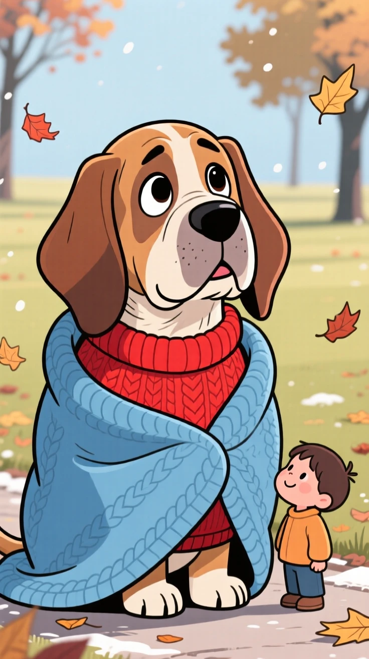 A playful pet moment featuring a gentle old bloodhound wearing a tiny knitted sweater on a chilly walk, wrapped in a cozy blanket.