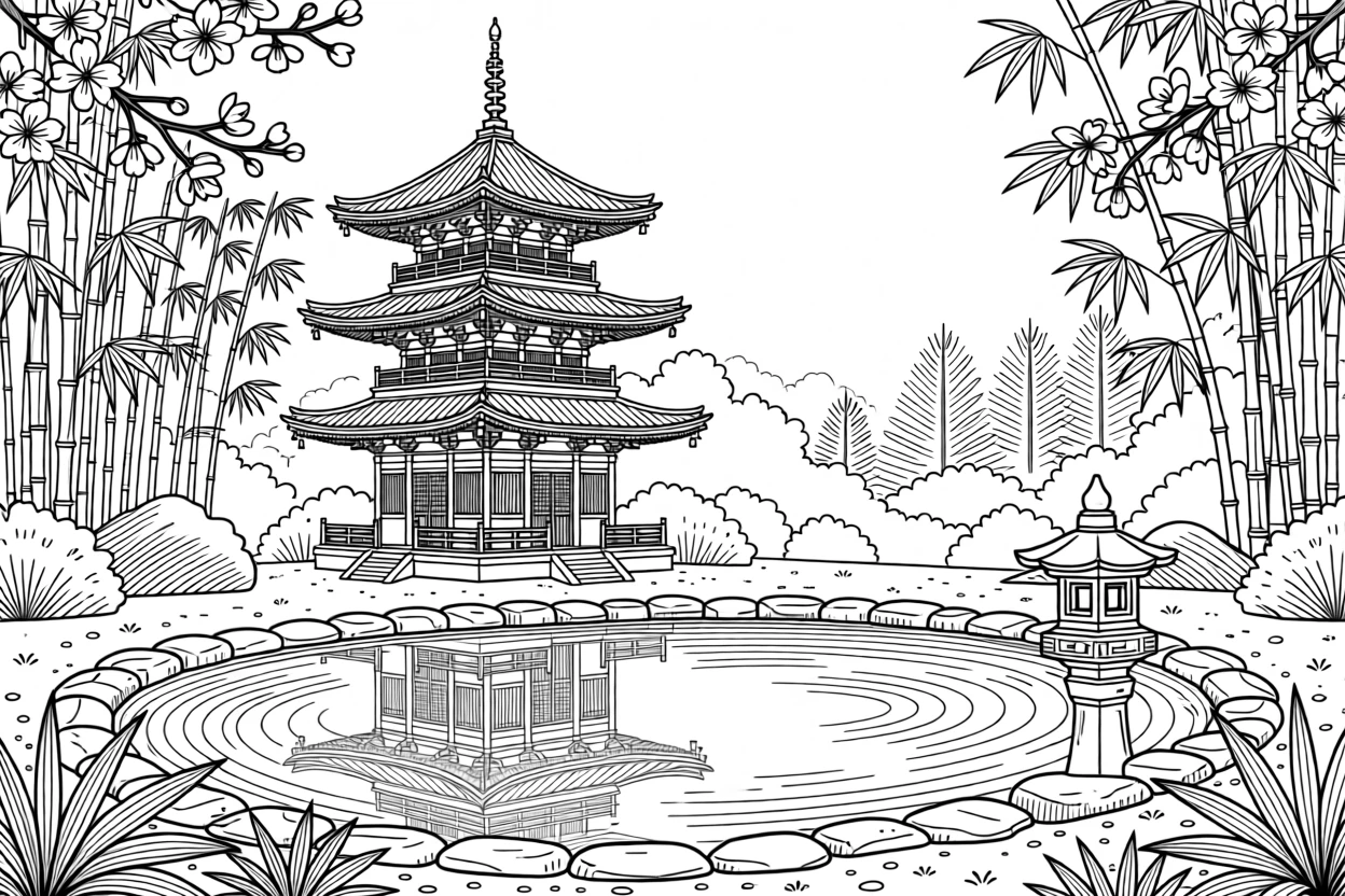 A traditional pagoda reflected in a still pond in a garden.
