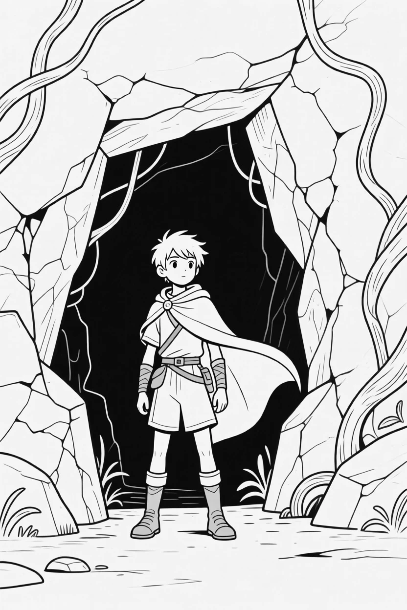 A young hero standing at the entrance of a mysterious cave