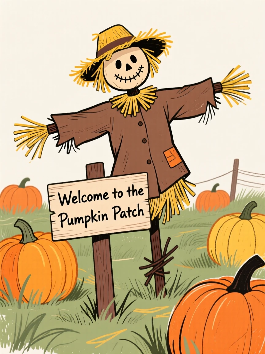 A Halloween pumpkin patch with a scarecrow standing guard.