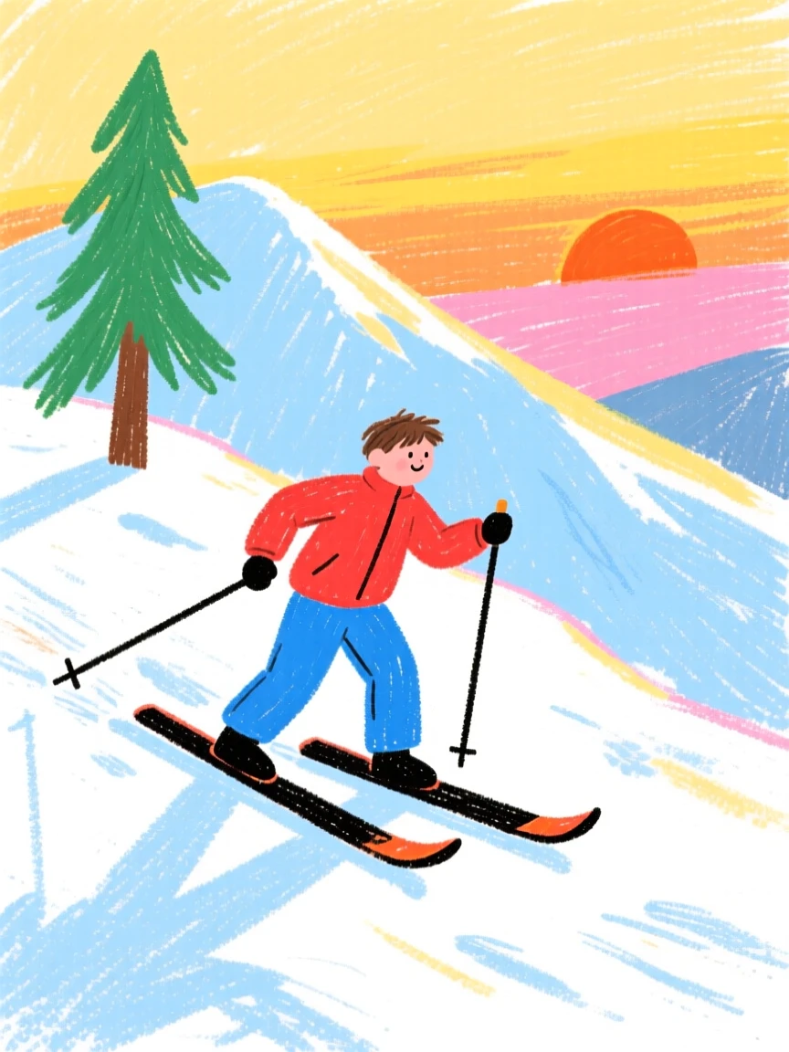 A cross country skier crossing a snowy alpine ridge at sunrise.