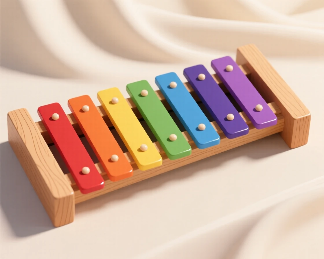A wooden xylophone with colorful painted keys, set against a backdrop of soft draped fabric, captured with a close, detailed focus, with a clean, elegant simplicity.