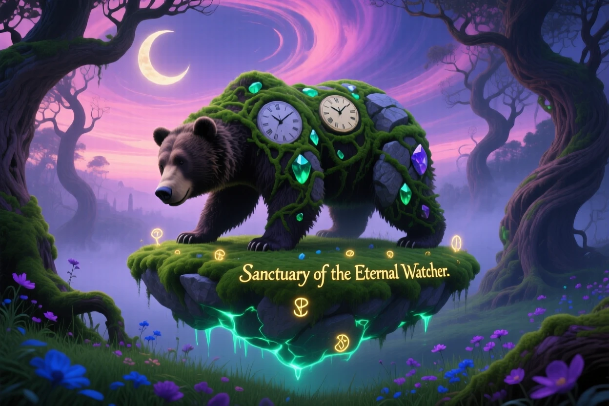 A bear made of moss and stone walking through a quiet glade rests quietly atop a floating patch of green moss, as the surrounding grass bends toward it in reverence.