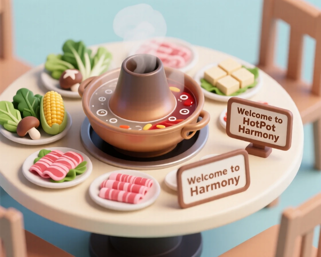A bustling hot pot restaurant with a bubbling pot at the center of the table, platters of vegetables and meat arranged around it.