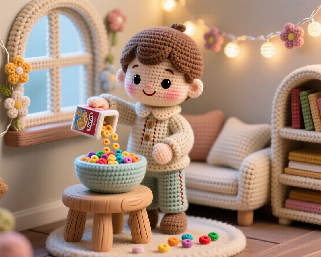 a small child pouring morning cereal, standing on a small step stool, is shown carefully filling a favorite bowl within a cozy reading nook tucked beside a window beside a string of soft fairy lights along the wall, capturing tender, unspoken affection.