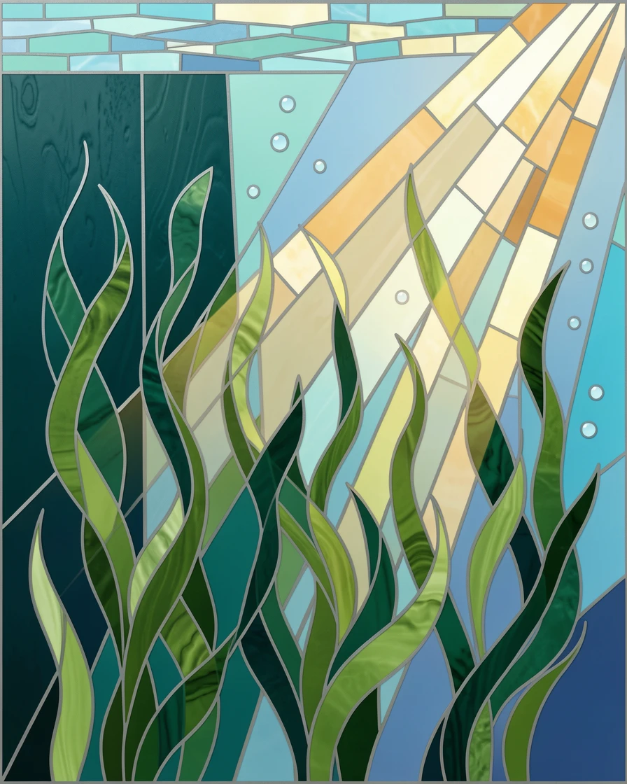 A kelp forest swaying gently with shafts of sunlight breaking through, illuminated by soft rays of sunlight filtering through water.