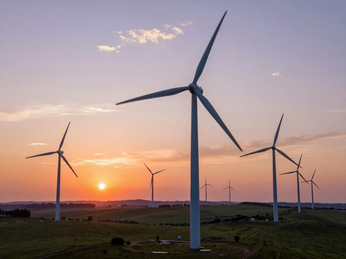 A wind farm spinning against a backdrop of orange sunset