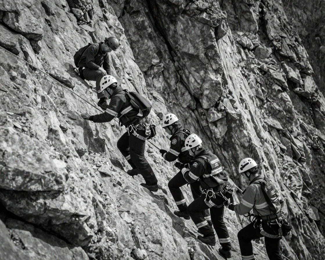 A search and rescue team climbs toward a stranded hiker along a steep rocky trail.