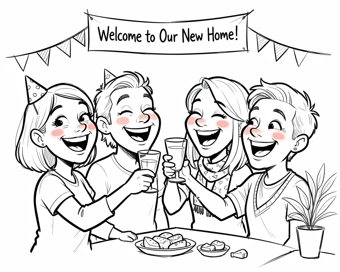 [Seasonal Holidays & Celebrations] Festive scene of a family celebrating a housewarming party with a toast, full of celebration and joy