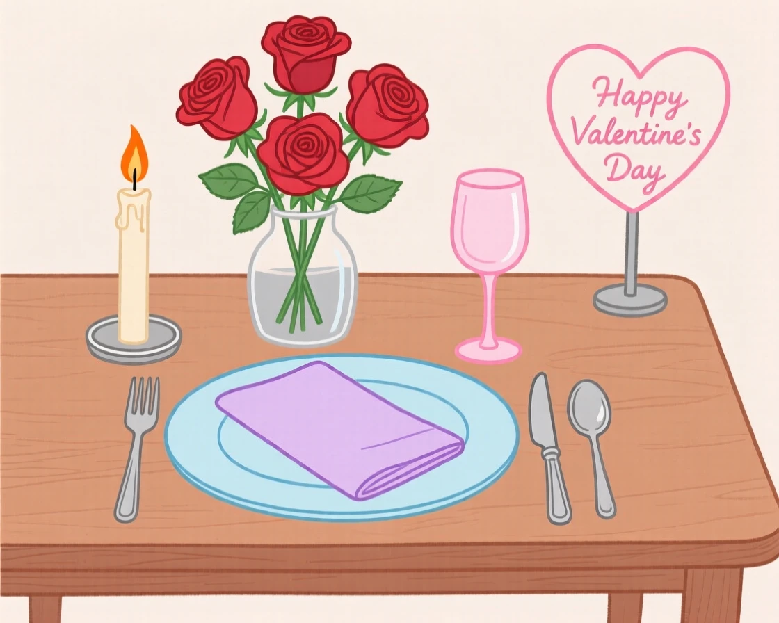 A Valentine's Day table set with roses and candlelight.