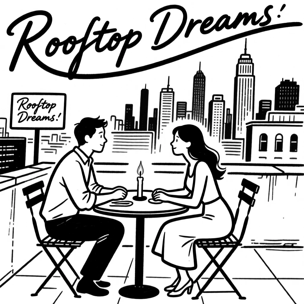 A couple having a candlelit dinner on a rooftop overlooking a city skyline.