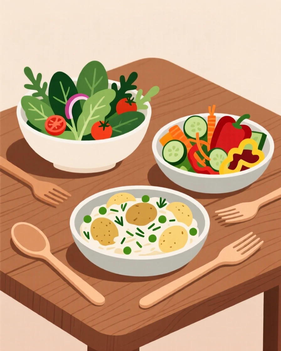 A selection of fresh salads beautifully displayed on a wooden table at a holiday feast.