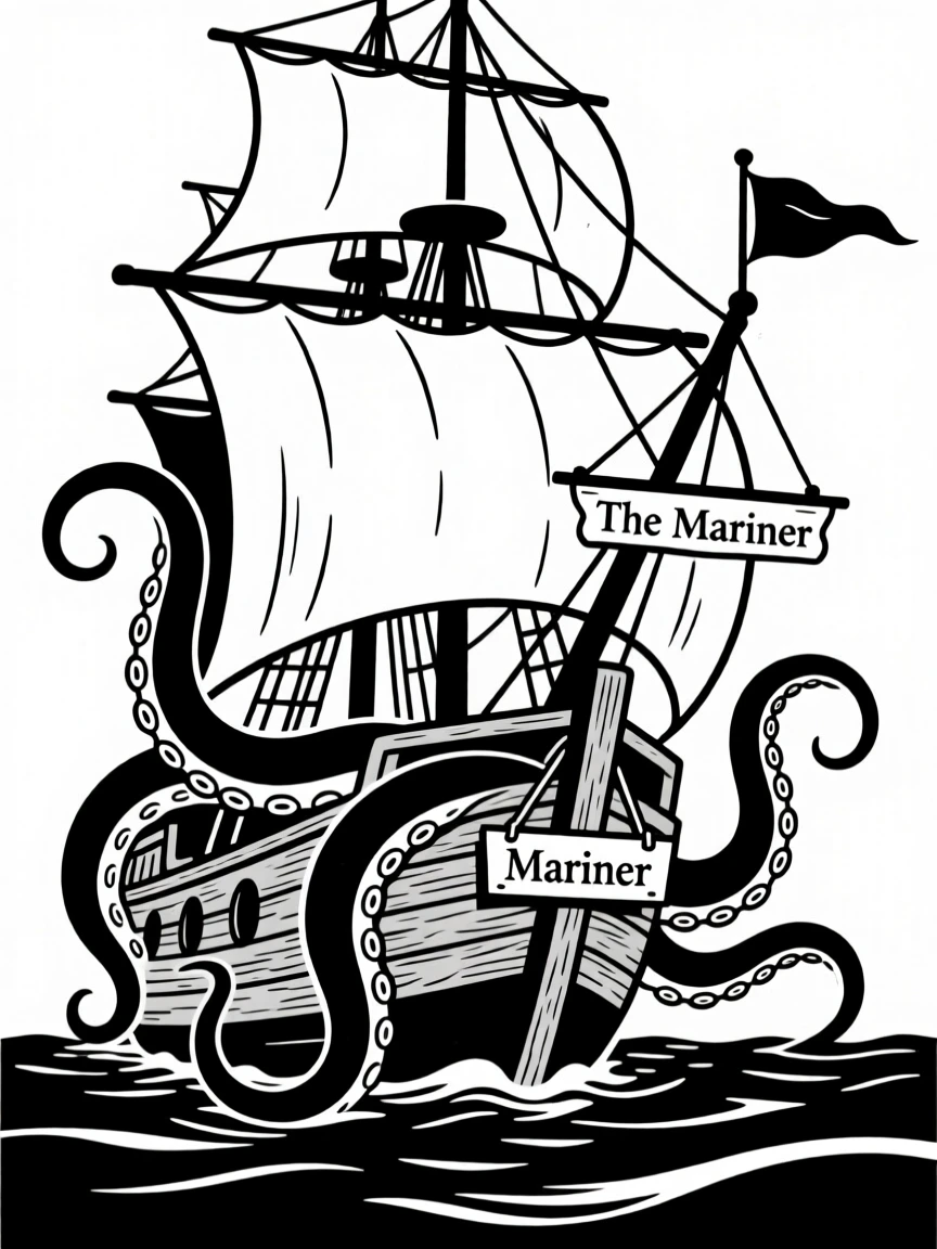 A kraken emerging beside a wooden ship.