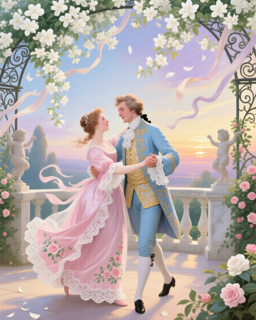 A young couple waltzing beneath a canopy of white flowers  