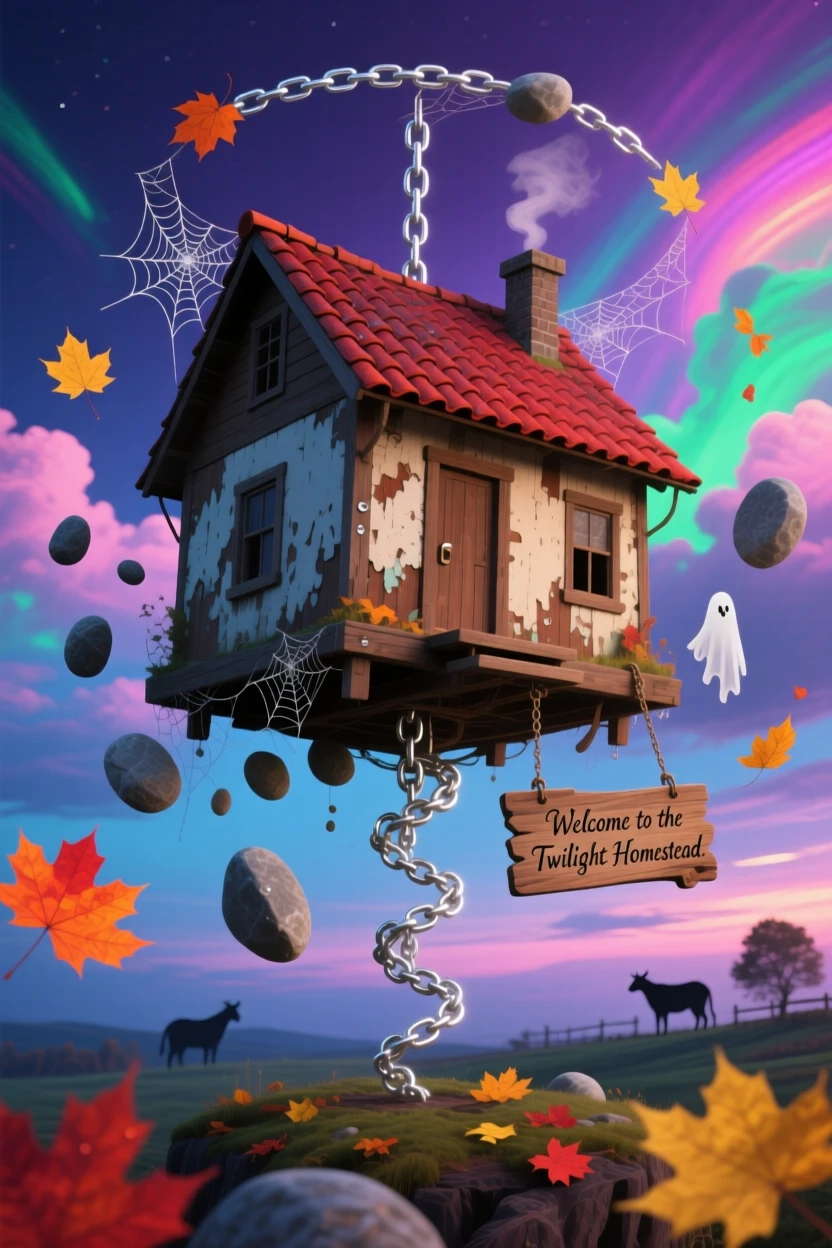 A floating farmhouse tethered by a single silver chain rotates gently around an invisible axis, as loose stones and leaves hover motionless around it.