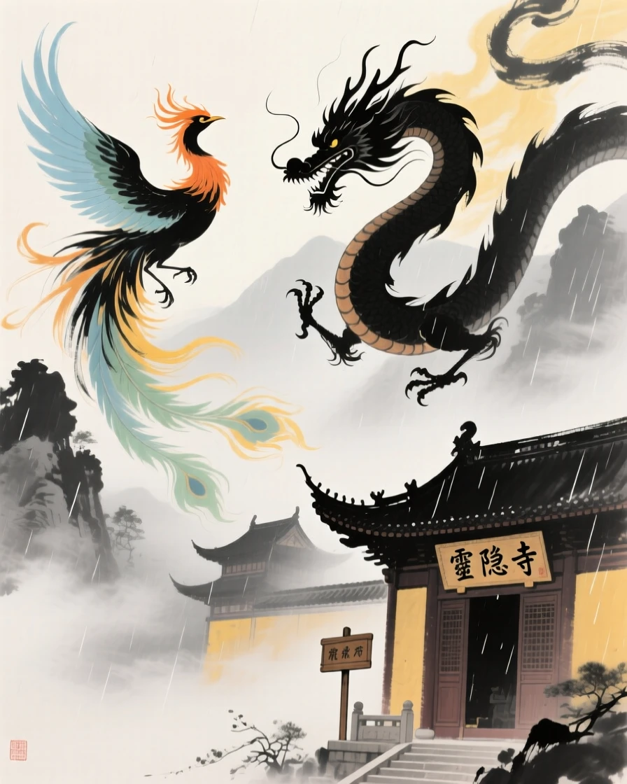 A phoenix and dragon circling above a temple bathed in golden light, as summer rain begins to fall, through swirling morning fog.